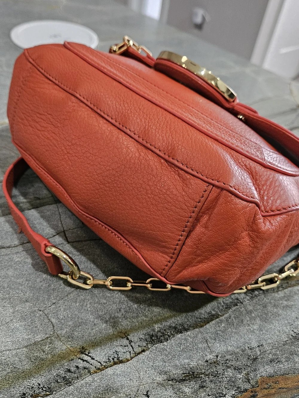Tory Burch Amanda Logo Clutch Crossbody Coral Pebbled Leather Gold Chain